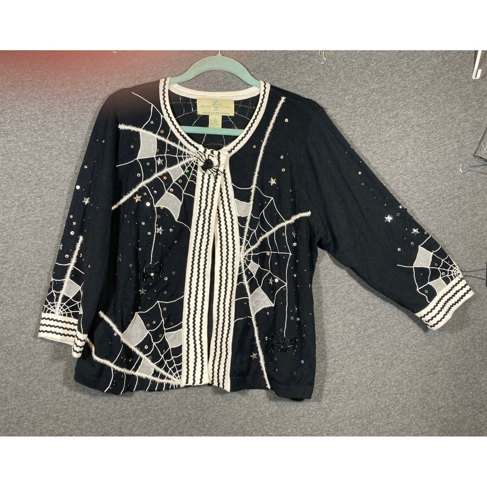 Vintage Design Options Halloween Spider Web Beaded Cardigan Black White Size L